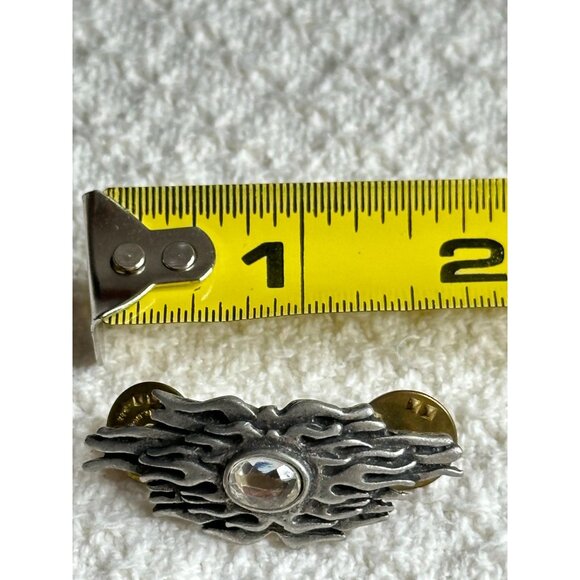 Flaming Sunburst Silver Tone Lapel Pin With Clear Gem Dual Clutches Motorcycle - Picture 6 of 6